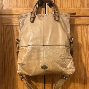 Fossil Light Tan Leather Convertible Tote Bag